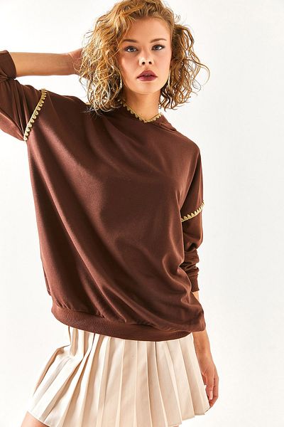 Olalook Women's Bitter Brown Stitching Detailed Soft Textured Sweatshirt SWT-19000618