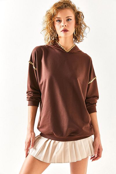 Olalook Women's Bitter Brown Stitching Detailed Soft Textured Sweatshirt SWT-19000618