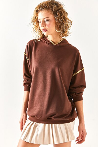 Olalook Women's Bitter Brown Stitching Detailed Soft Textured Sweatshirt SWT-19000618