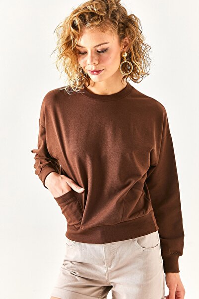 Olalook Women's Bitter Coffee Pocket Detailed Soft Textured Sweatshirt SWT-19000616