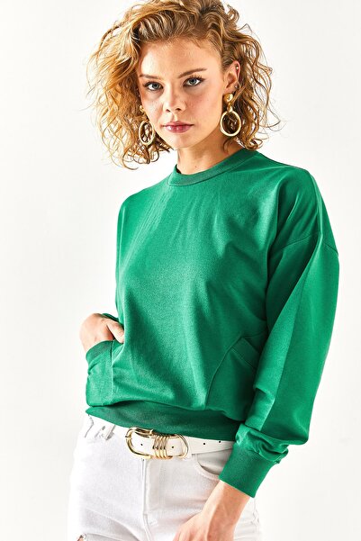 Olalook Kadın Zümrüt Yeşili Cep Detaylı Yumuşak Dokulu Sweatshirt SWT-19000616