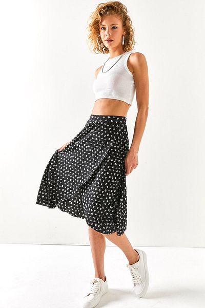 Olalook Fustă neagră Tiny Floral Wrap de damă ETK-19000154