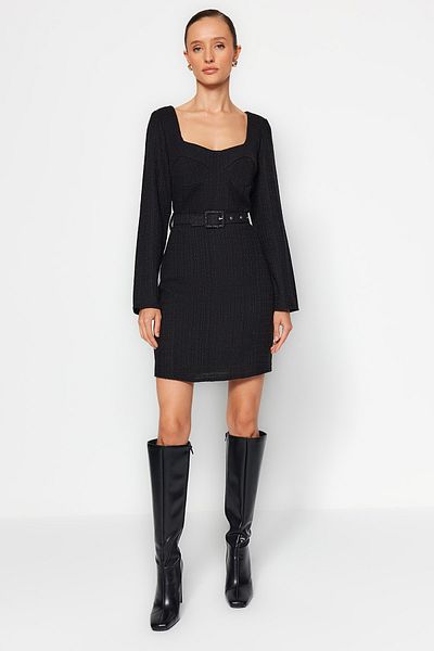 Trendyol Collection Black Belted Sweetheart Neckline Mini Woven Dress TWOAW24EL00357