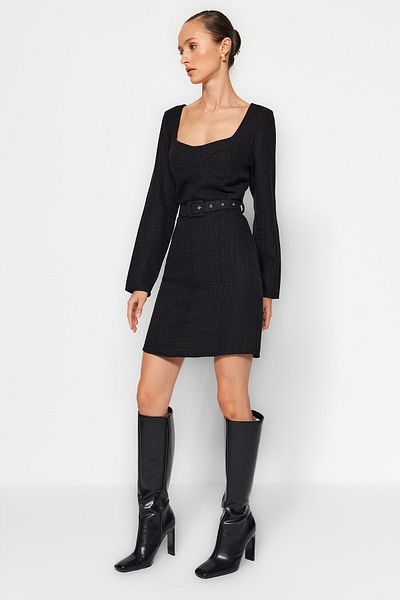 Trendyol Collection Black Belted Sweetheart Neckline Mini Woven Dress TWOAW24EL00357