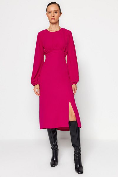 Trendyol Collection Φούξια Μίντι Μήκος Ανοιχτό Μανίκι Υφαντό Φόρεμα - Λεπτομέρεια μανίκι μπαλόνι, TWOAW24EL00423