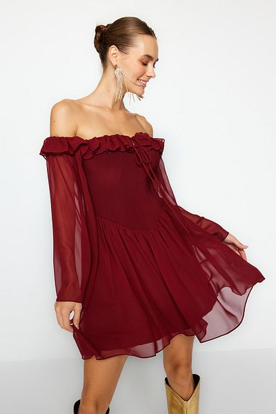 Trendyol Collection Bordó sifon estélyi ruha - A-szabású, bélelt és fodros, TPRSS23EL00096