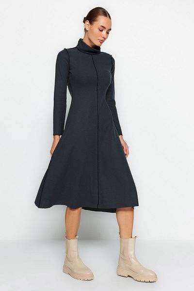 Trendyol Collection Anthracite Carioca Stitched A-Line/A-Line Formal Selanik/Knitwear Look Midi Knitted Dress TWOAW24EL00333