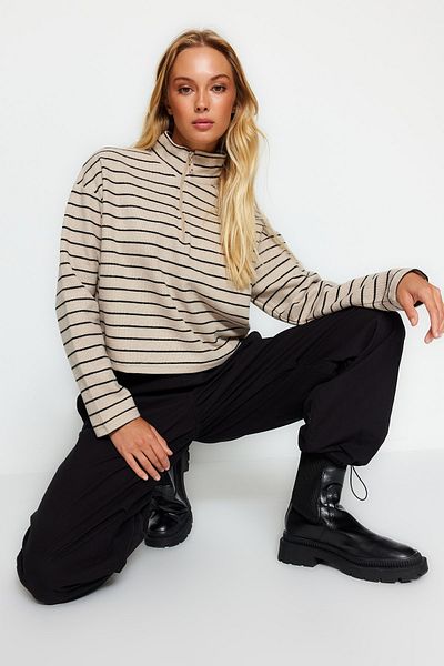Trendyol Collection Hellbeige gestreiftes Thessaloniki-Sweatshirt mit Reißverschluss und Stehkragen, reguläre/normale Passform, TWOAW22SW0732