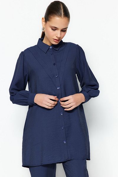 Trendyol Modest Tkaná súprava košeľa-nohavice s ľanovým vzhľadom námorníckej modrej TCTSS23US00079