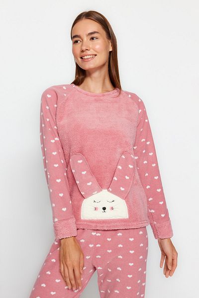 Trendyol Collection Powder 3-teiliges Fleece-Winter-Strickpyjama-Set mit Herz-Schlafband THMAW21PT0666