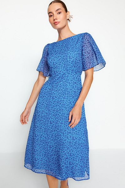 Trendyol Collection Navy Blue Animal Print A-line Angel Sleeve Lined Chiffon Midi Woven Dress TWOSS23EL01372