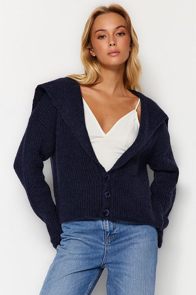 Trendyol Collection Sötétkék puha textúrájú medencegalléros kötöttáru kardigán TWOAW24HI00060
