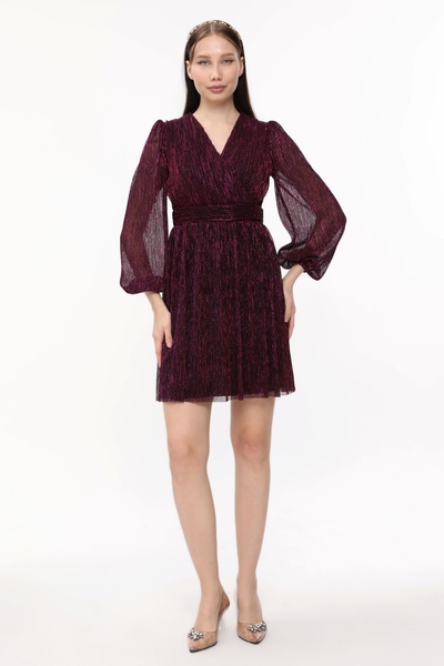 Asees Kruvaze Yaka Piliseli Kısa Elbise