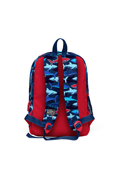 Coral High Kids Navy Blue Red Shark Patterned Four Compartment USB School Backpack 23818