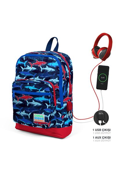 Coral High Rucsac pentru școală USB cu patru compartimente, albastru marin, roșu, cu model 23818