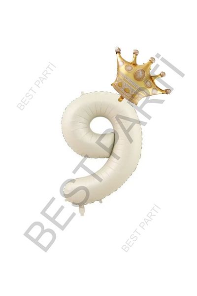 BEST PARTİ DOĞUM GÜNÜ PARTİ SÜSLERİ Beige Number and King Crown Foil Balloon Set Age 9
