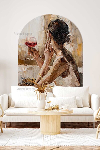 Sticker Ekspres Yağlı Boya Şarap Içen Kadın Portresi Dekoratif Duvar Sticker