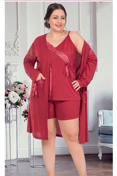 JENİKA Women's Large Size 3-Piece Shorts Set with Dressing Gown