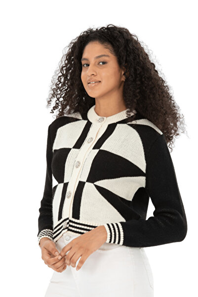 Puella Black Geometric Shape Stone Buttoned Knitwear Cardigan