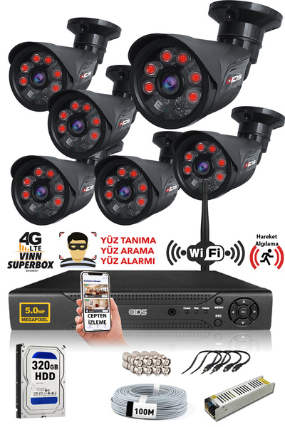 IDS 6 Kameralı Set - 5mp Sony Lensli Fullhd Gece Görüşlü Güvenlik Kamerası Sistemi - 2015-b-set6-320gb