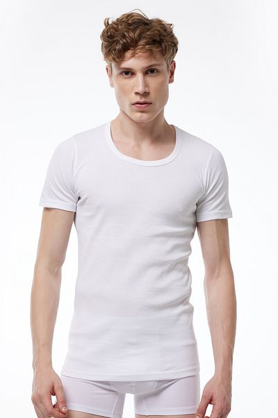 Malabadi Men's White 2 Pack 100% Cotton Wide Collar Ribbed Undershirt 035