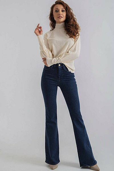 MAKRAS EXCLUSIVE Serenay Pantaloni de damă, albastru închis, talie înaltă, picior evazat, confort Lycra, blugi, blugi
