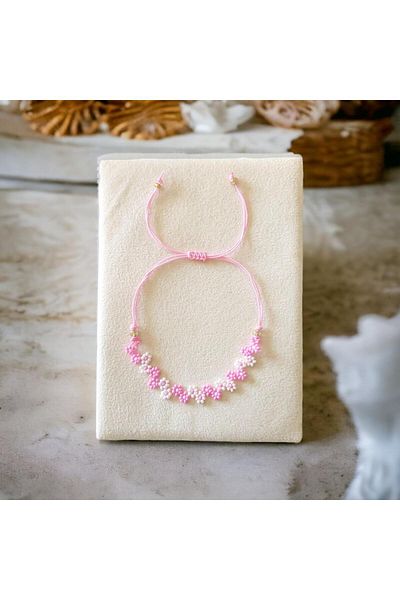 Hobisy Miyuki Sand Bead Handcrafted Macrame Bracelet | Adjustable Bracelet | Pink-White