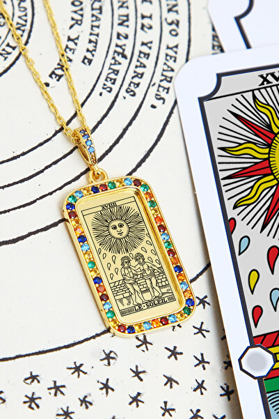 Tasarlatak Tarot Gümüş Taşlı Çerçeveli Kolye Güneş Kartı