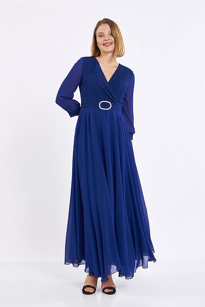 Moda Tuğram Saks Blue Asymmetric Cut Glittery Maxi Evening Dress