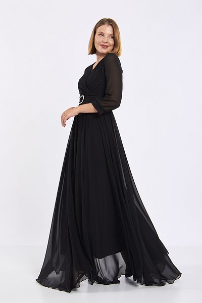 Moda Tuğram Black Asymmetric Cut Glittery Maxi Evening Dress