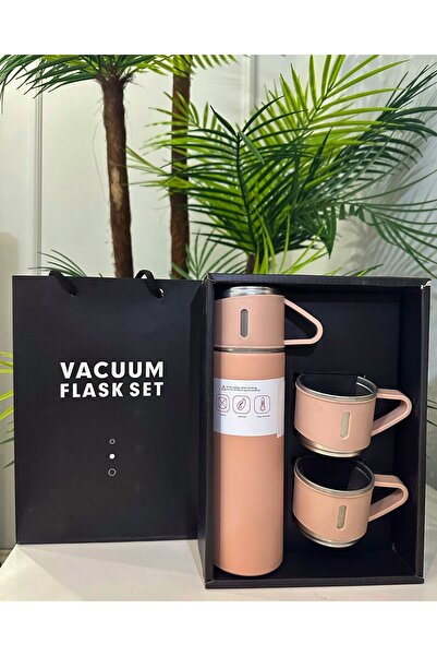 YBE COLLECTİON Paslanmaz Çelik Termos Pembe Renk 3 Bardaklı Termos Seti Vakum...