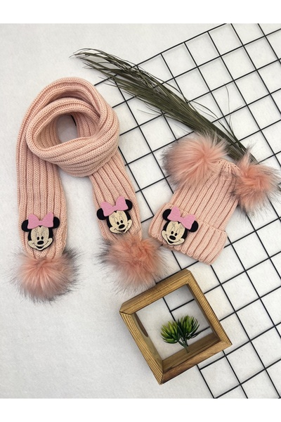 Trend Sizde مجموعة قبعة صغيرة وشاح على شكل شخصية بودر بيبي جيرل مزدوجة بوم بو...