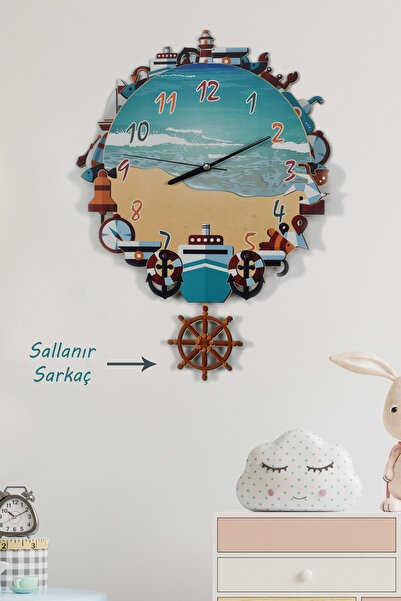 elfidadesign 3 Boyutlu Deniz Temalı Sarkaçlı Çocuk Odası Ahşap Duvar Saati El...