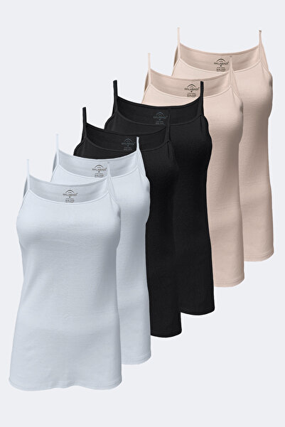 Malabadi Women's Black and White Skin 6 Pack 100% Cotton Ribbed Rope Strap Undershirt 105-E