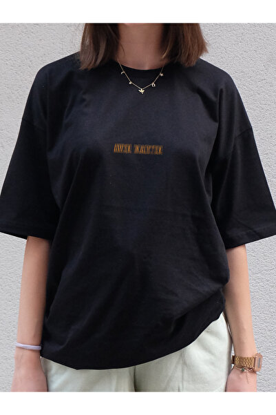 Unisex turuncu logo baskılı kısa kollu oversize siyah t-shirt