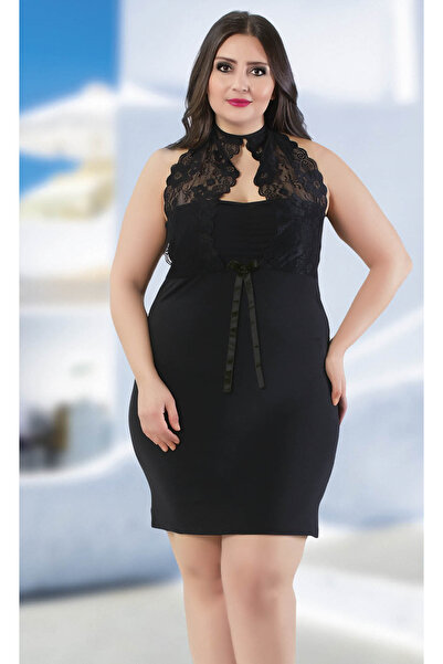 JENİKA Black Plus Size Halter Neck Lace Detailed Comfortable Stylish Viscose Nightgown -