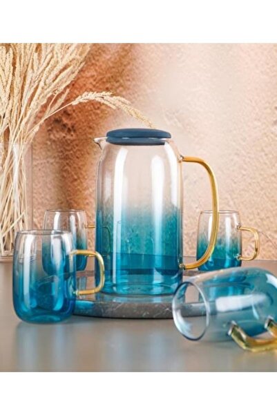 ACAR Mavi Cam Sürahi Seti 1500 ML + 4 Adet Bardak 300 ML