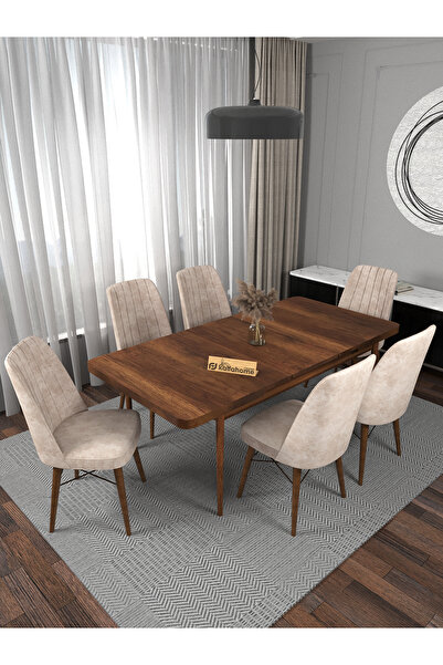 Kaffahome Riff Serisi , 6 Krem Sandalye 80x130 Açılabilir Barok Mutfak Masa Takımı