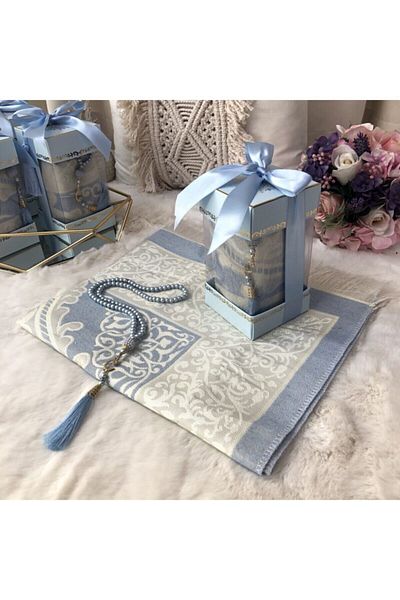 ensarhac Çırağan Series Prayer Rug Prayer Beads Gift Set Baby Blue