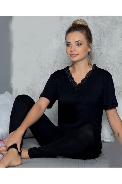 JENİKA Set de pijamale cu mâneci scurte, cu decolteu în V, cu dantelă