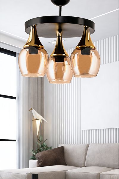 DEDE TRIPLE EMBUDO TRAY CHANDELIER WITH GOLD FUNNLE HONEY GLASS
