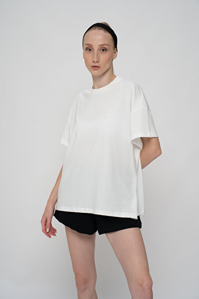 PAKONN Beyaz Kadın %100 Pamuk Oversize/geniş Kalıp Bisiklet Yaka Örme T-shirt