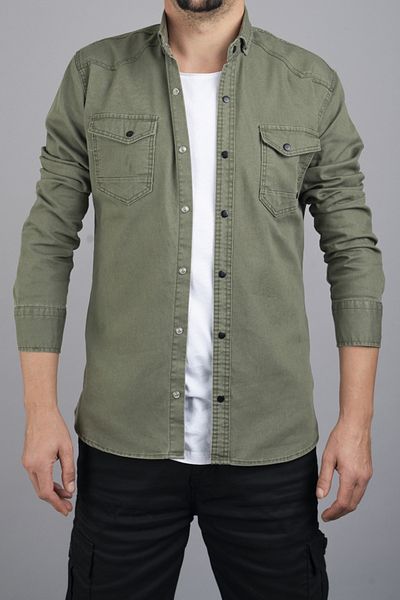 bombe Ανδρικό τζιν πουκάμισο Slim Fit πράσινο