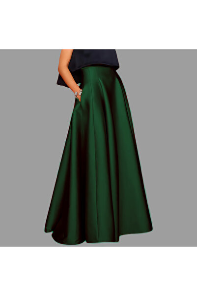 NSM تنورة نسائية طويلة من الساتان بجيب عالي الخصر باللون الأخضر الزمردي