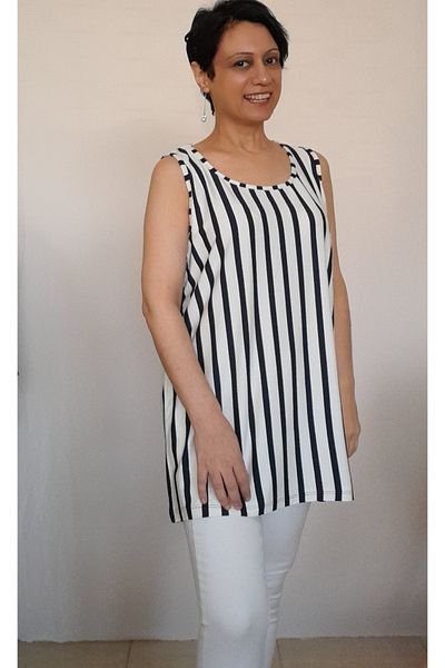 Mertcan Butik White Navy Blue Striped Thick Strap Combed Cotton Viscose T-Shirt
