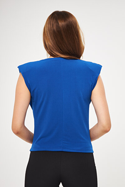 vuvutasarım Women's Flexible Sandy Fabric Shoulders Padded Collar Saks Blue Blouse 1009