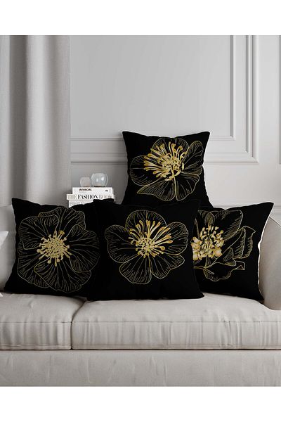 Hayal Dekoratif Husă de pernă decorativă cu model floral auriu negru, imprimată digitală, 4 piese