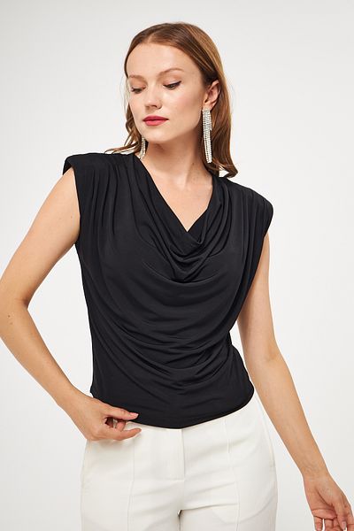 vuvutasarım Women's Flexible Sandy Fabric Shoulders Padded Collar Black Blouse 1009