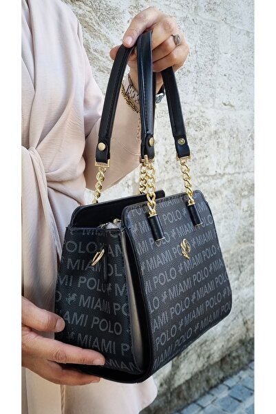 Miami Polo WOMEN'S BLACK 4 COMPARTMENT MONOGRAM PRINTED HAND AND SHOULDER BAG