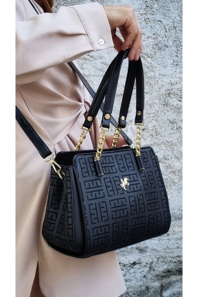 Miami Polo KADIN SİYAH 4 BÖLMELİ MONOGRAM BASKILI EL VE OMUZ ÇANTASI